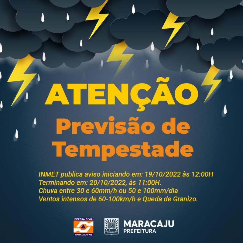 A Prefeitura de Maracaju alerta para chuvas intensas com ventos intensos de 60-100km/h nesta quarta-feira (19)