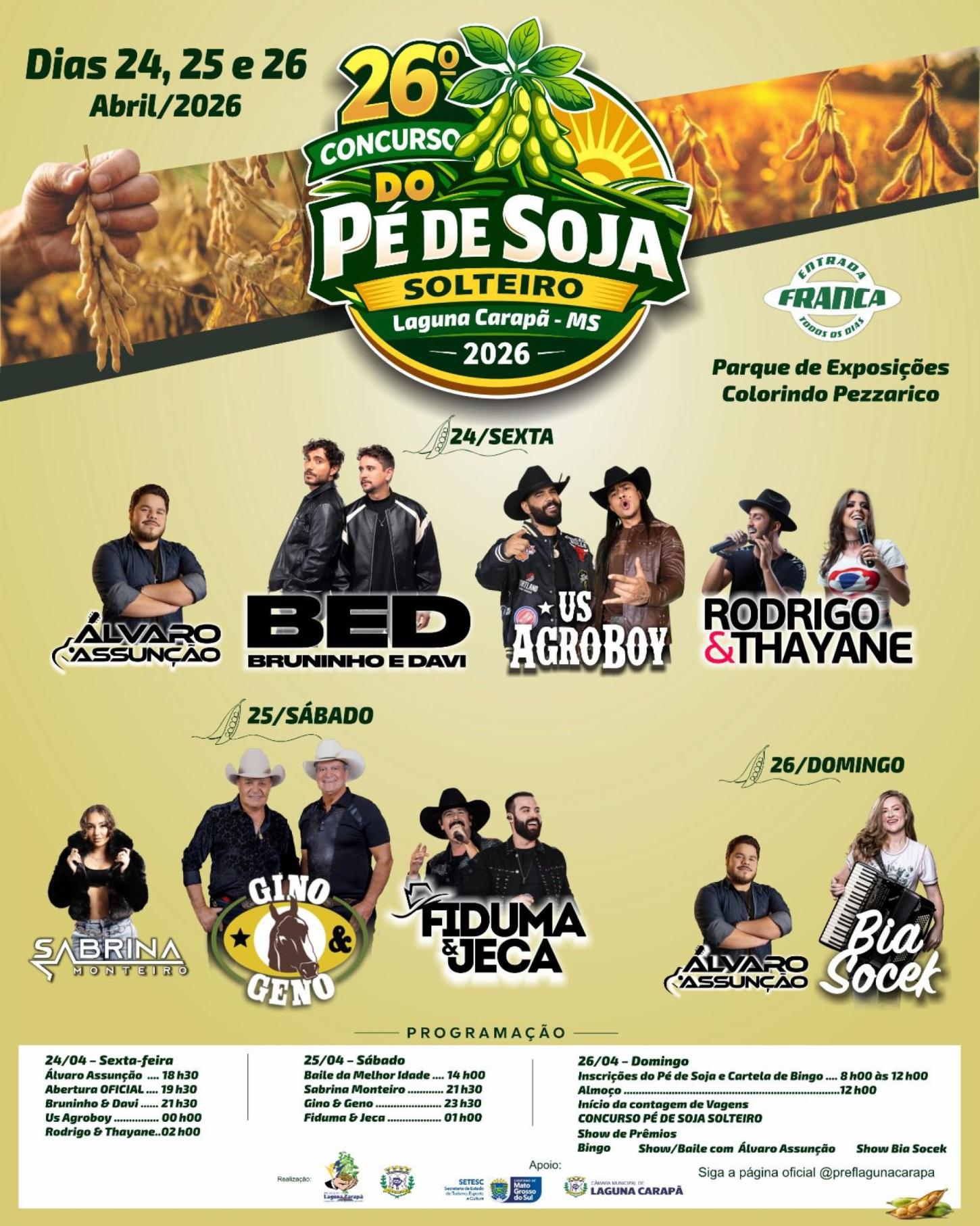 Cartaz oficial do 26º Concurso do Pé de Soja Solteiro, que será realizado de 24 a 26 de abril de 2026, em Laguna Carapã, com entrada franca e programação de shows nacionais