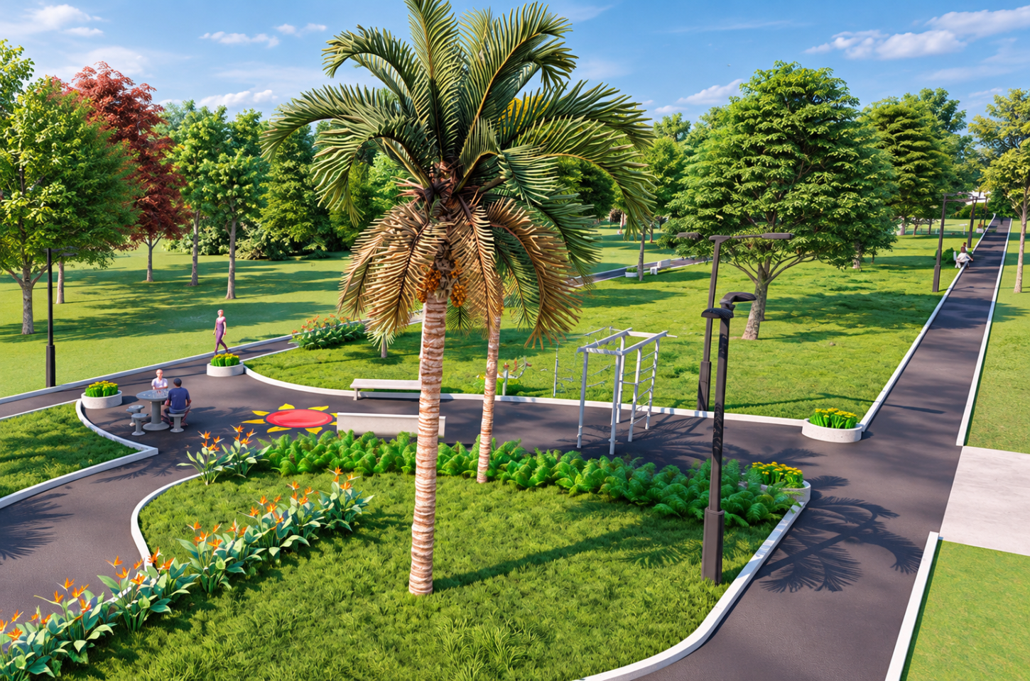 Áreas de convivência, paisagismo e caminhos para caminhada compõem a perspectiva ilustrativa do Altos do Horto, em Maracaju.